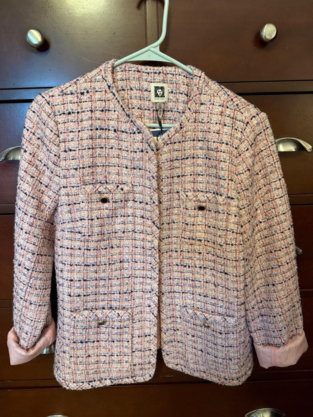 Anne Klein Pink Tweed Collarless Bouclé Blazer
